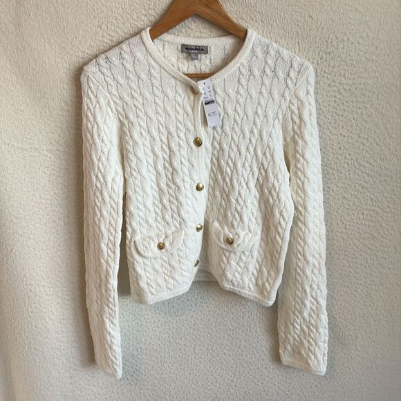 J Crew Odette cable-knit sweater lady jacket in cotton-blend bouclé Small Ivory - Picture 2 of 11